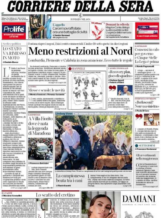 La prima pagina del Corriere della Sera