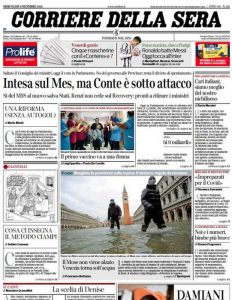 La prima pagina del Corriere della Sera